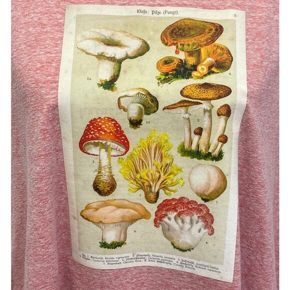 Hand Printed Upcycled Womens XL Vintage Reference Book Mushroom Fungi Tee - Picture 2 of 5